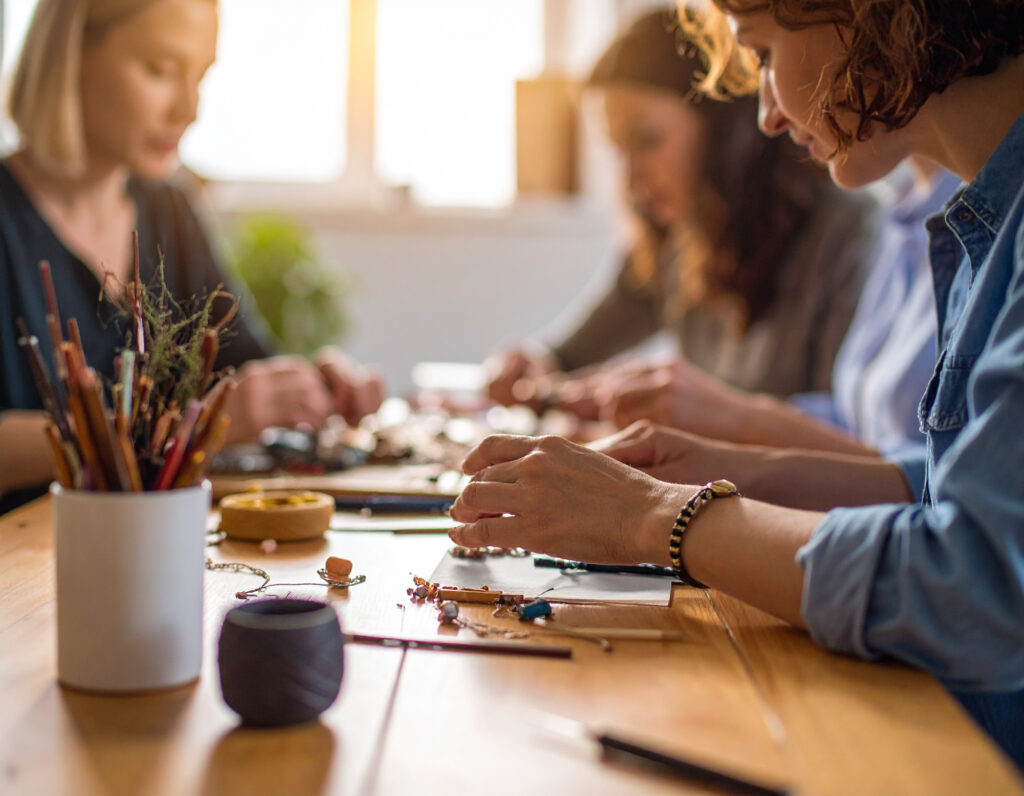 Frauen sitzen gemeinsam an einem hellen Tisch und arbeiten konzentriert mit Modellierwerkzeug und farbiger Modelliermasse.