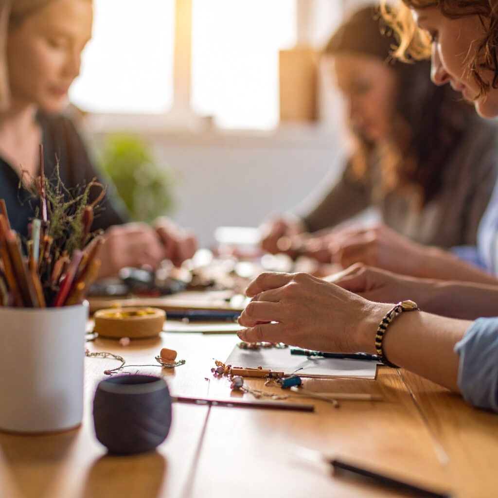 Ruhige, entspannte Workshopatmosphäre, mehrere Frauen arbeiten konzentriert an Schmuckstücken aus Modelliermasse
