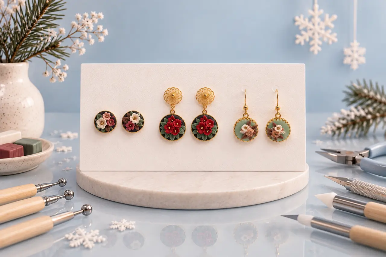 Drei Paare floraler Polymer-Clay-Ohrringe in winterlicher Atelier-Szene