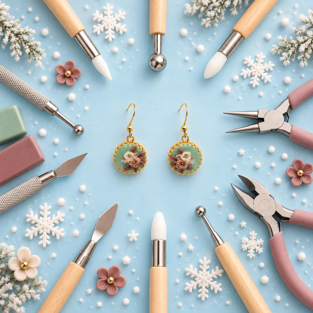 Mintfarbene florale Polymer-Clay-Ohrringe mit Schmuckwerkzeugen auf winterblauem Hintergrund