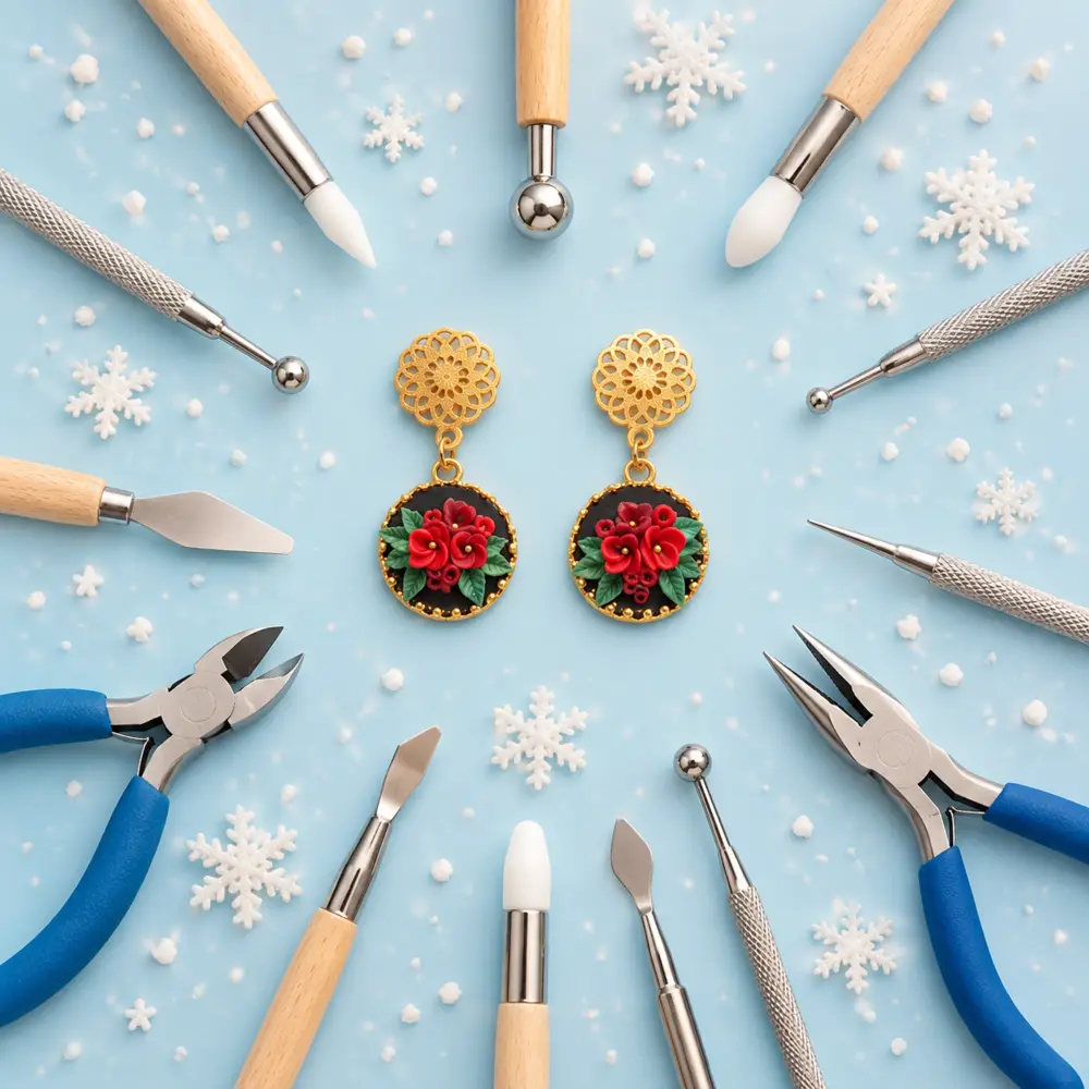 Rote florale Polymer-Clay-Ohrringe mit Schmuckwerkzeugen auf winterblauem Hintergrund